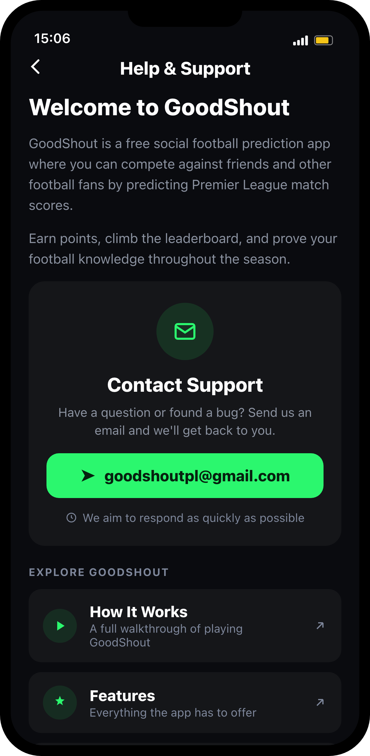 Help and support screen