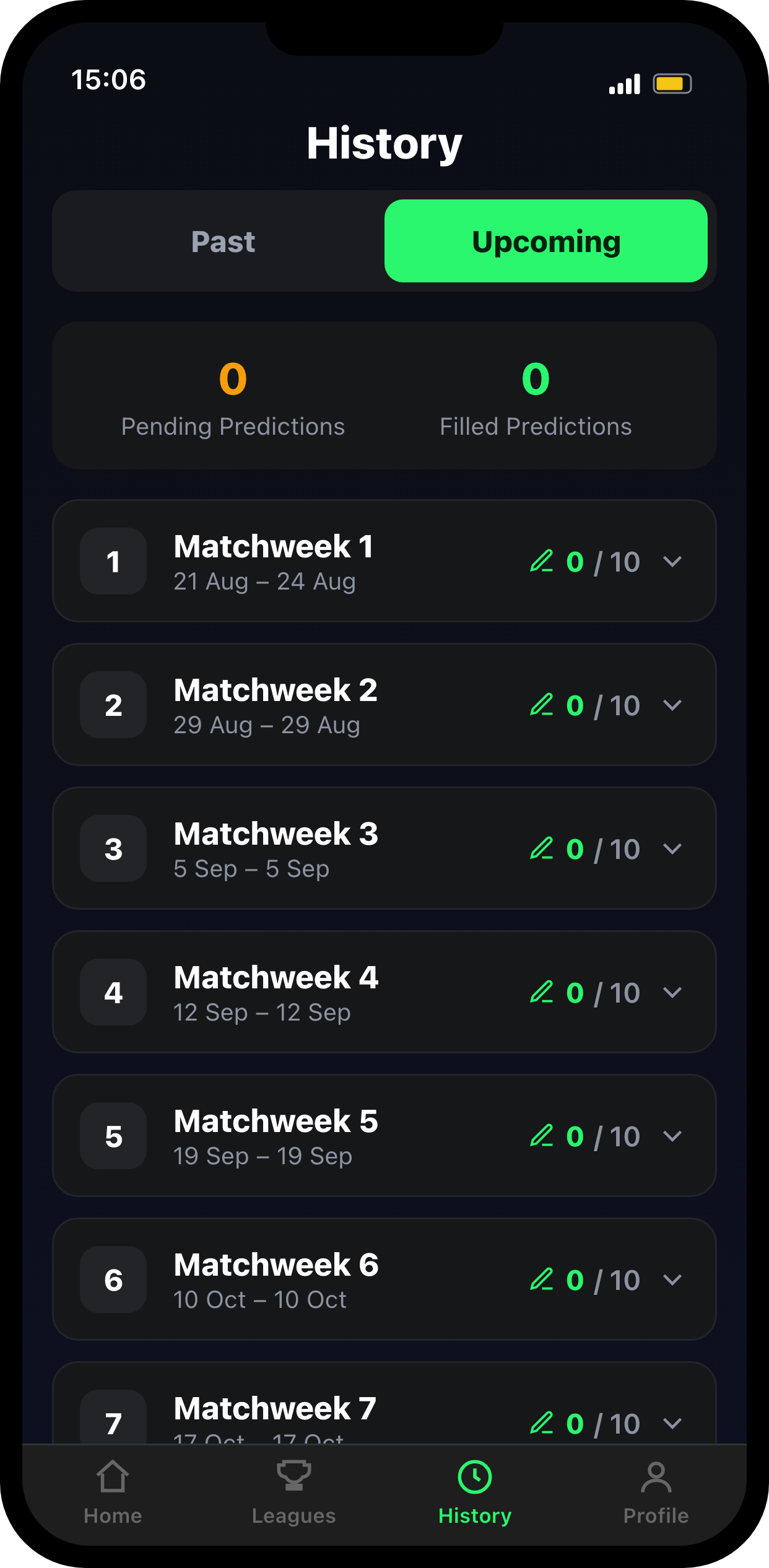Prediction history screen