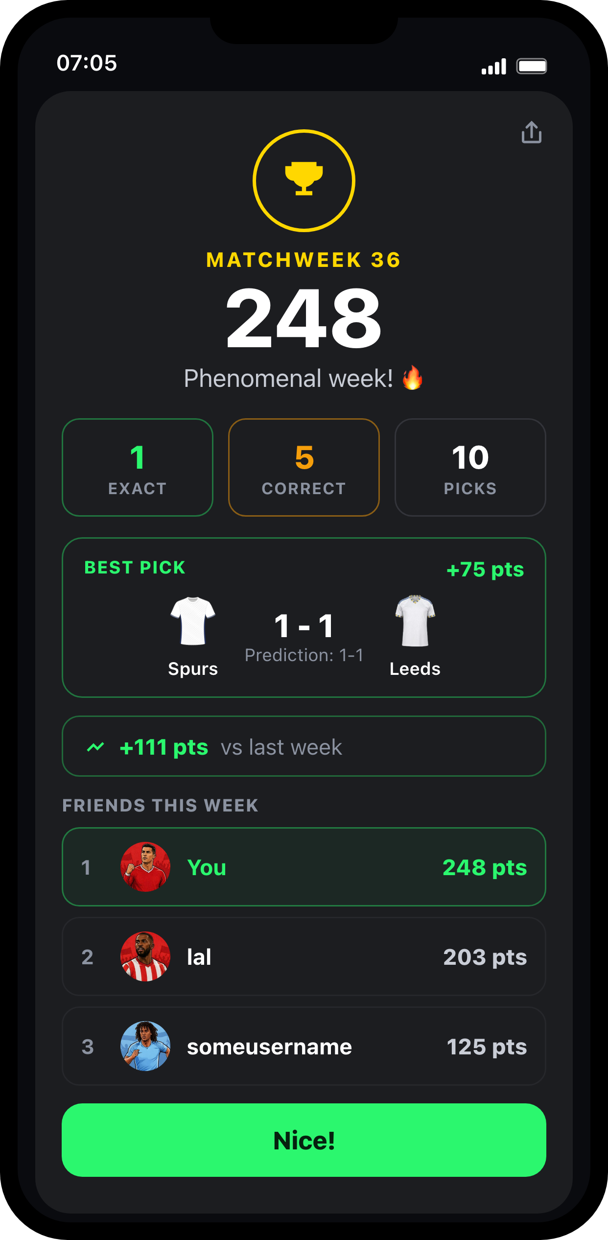 Matchweek summary recap screen