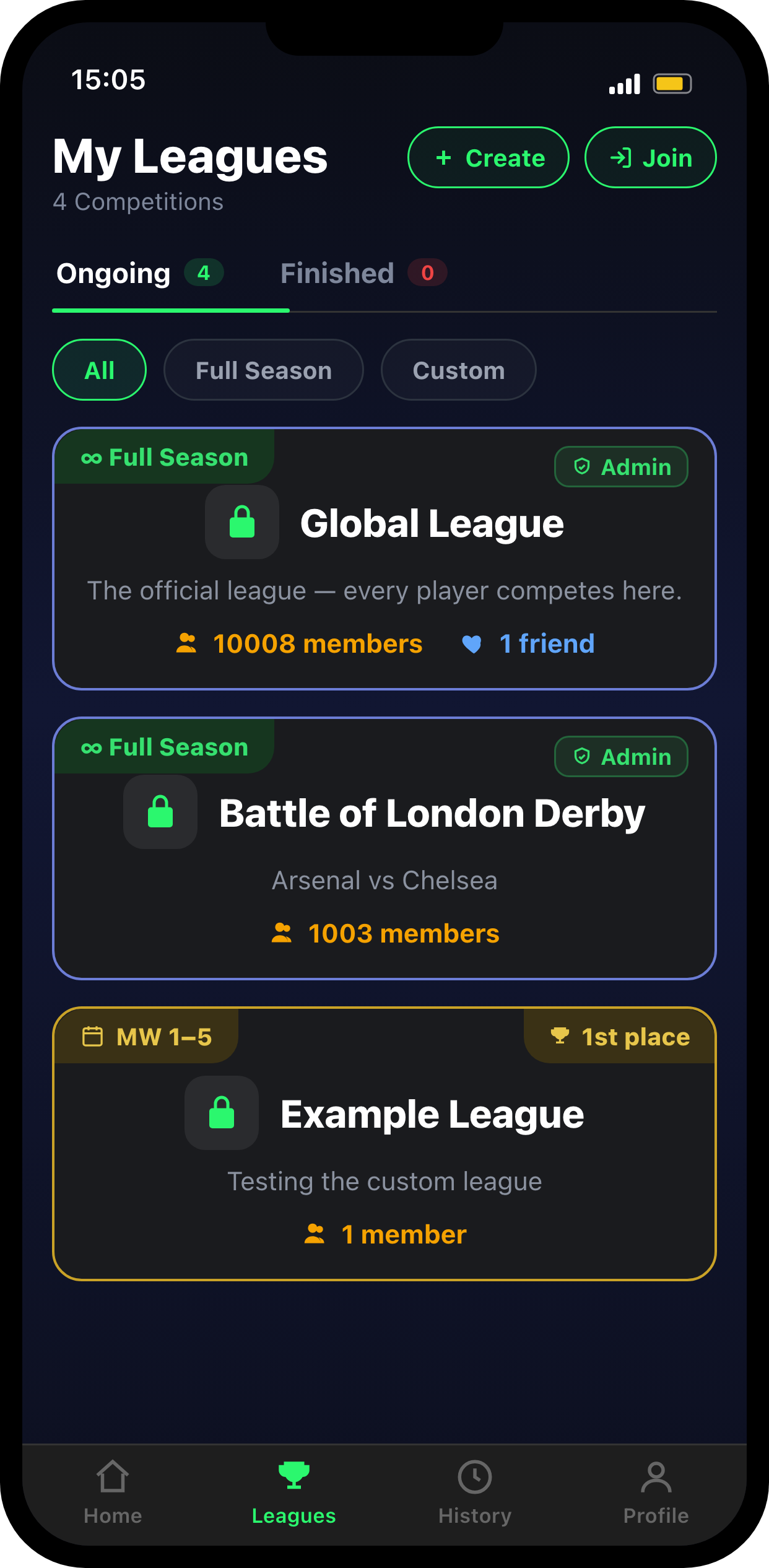 My leagues screen