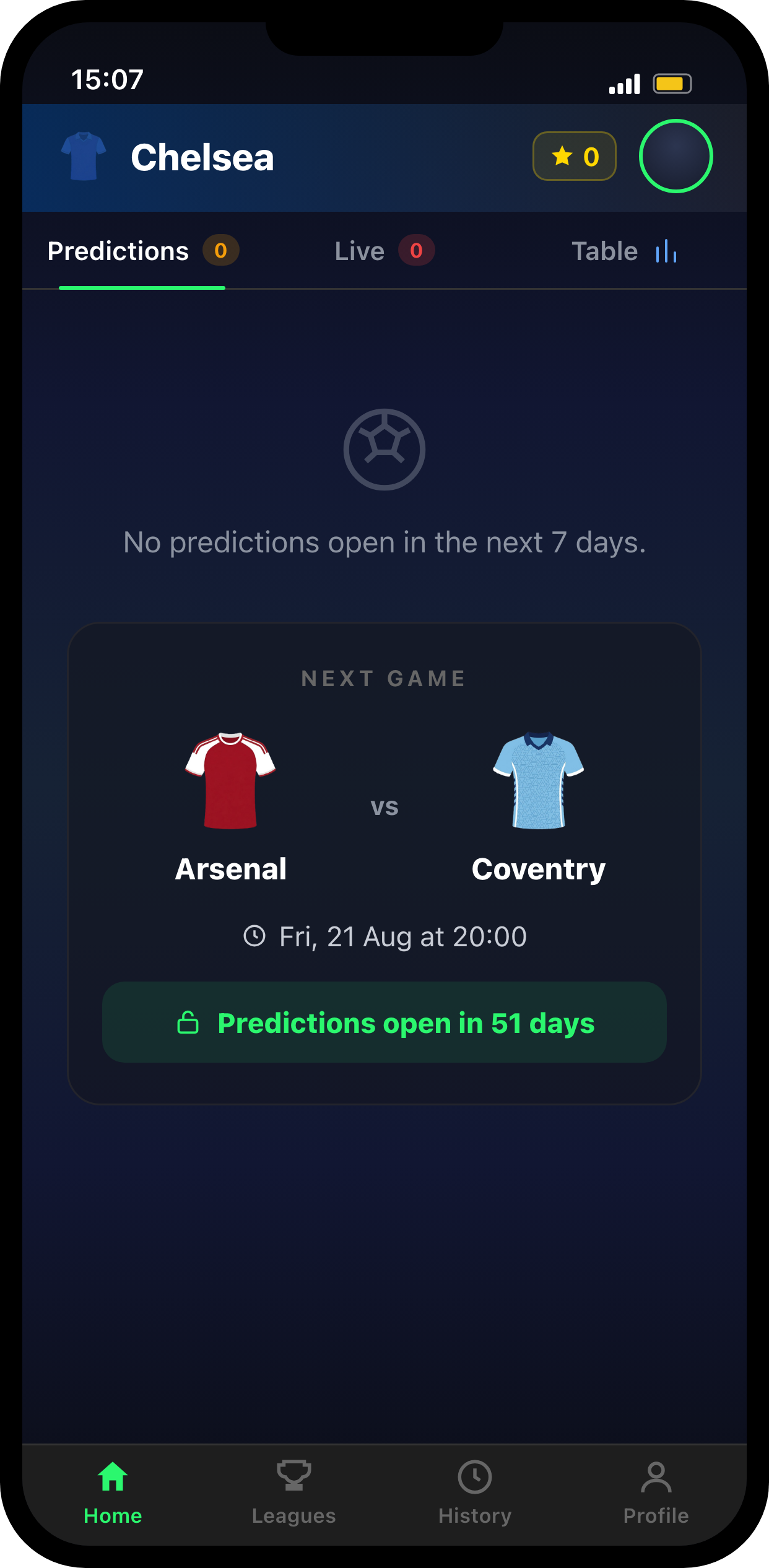 Home screen with next-game countdown